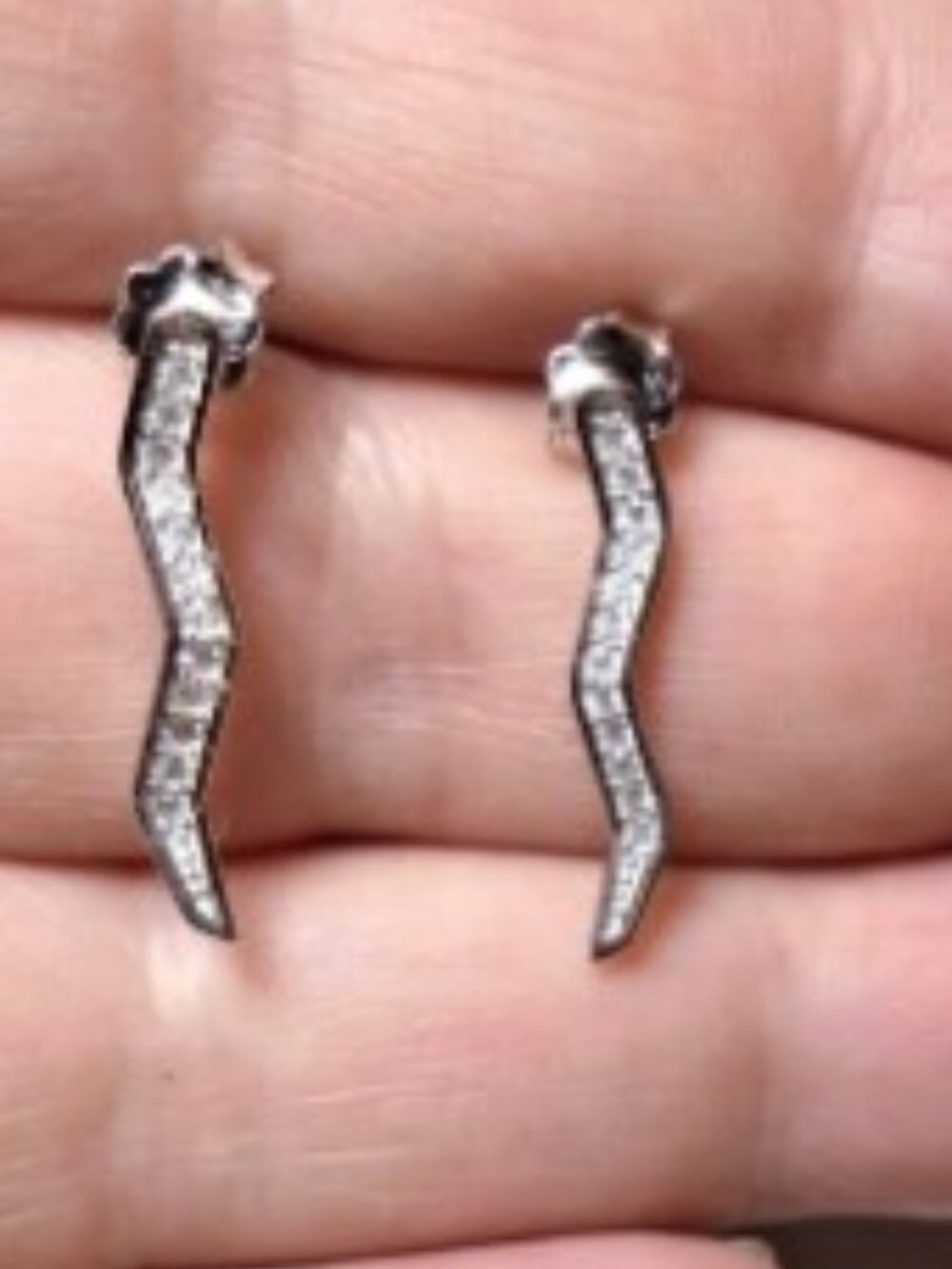 Sterling Silver Lightning Bolt Studs: Pave CZ Punk Earrings